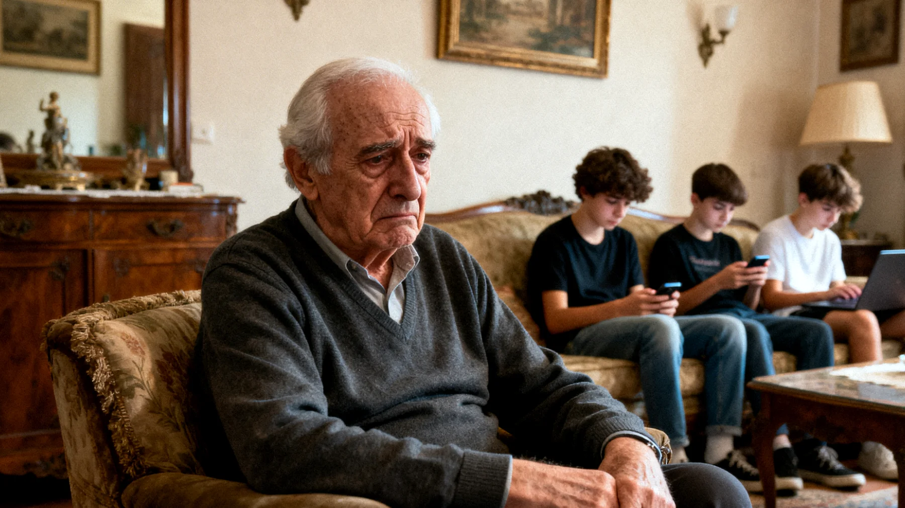 Nonno che fatica a trovare momenti significativi da condividere con i nipoti adolescenti, i quali sono spesso impegnati con scuola, amici e attività extrascolastiche, creando distanza emotiva e frustrazione reciproca"